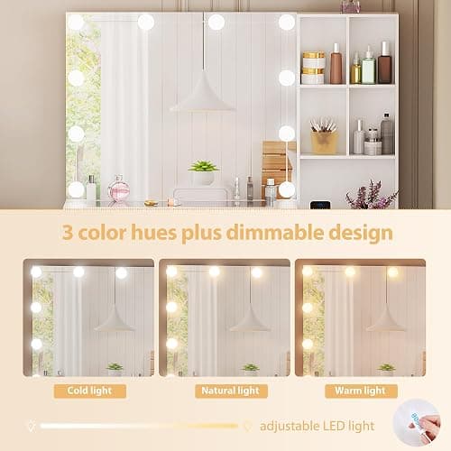 BEWISHOME White Vanity Desk with Mirror and Lights,Makeup Vanity Set with Glass Top,Large Dressing Table with Charging Station,4 Drawers,Nightstand,Stool,Makeup Desk for Girls Women Bedroom FST28W thumbnail 6