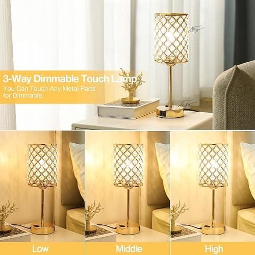 Hong-in Gold Lamps for Night Stands-Crystal Table Lamp with USB-C+A & AC Charging Ports, 3-Way Dimmable Nightstand Touch Lamp, Bedside Desk lamp for Bedroom Living Room Home Office thumbnail 2