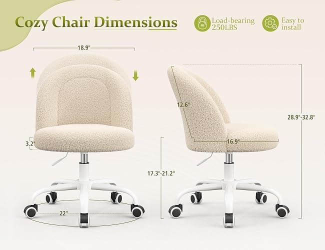 DurayLoly Vanity Chair with Back, Cute Desk Chair with Wheels, Armless Office Chair Height Adjustable, Soft Lumbar Support for Small Space, Bedroom, Light Yellow thumbnail 2