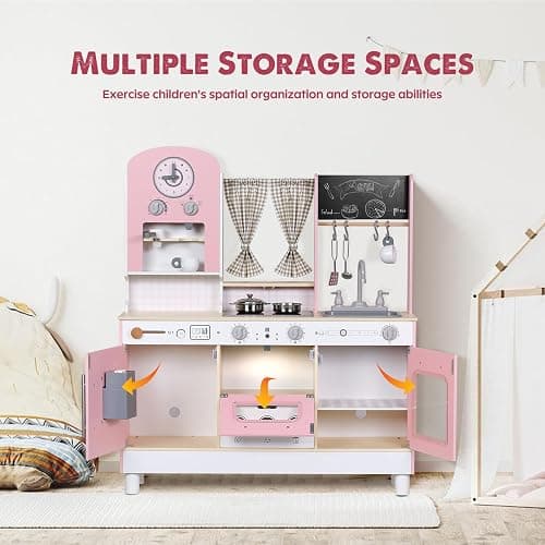 EDUBEBO Kids Kitchen playset, Wooden Play Kitchen, Height Adjustable, Comes with Various Kitchen Accessories, Ideal Role Play Toy Gift for Toddlers and Kids Ages 3-8 (Pink) thumbnail 7