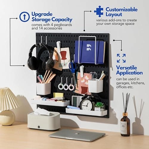 Keepo Pegboard Combination Kit, Pegboards and Accessories Modular Hanging for Wall Organizer, Crafts Organization, Ornaments Display, Nursery Storage, Peg Board (Black, 22″×22″) thumbnail 5
