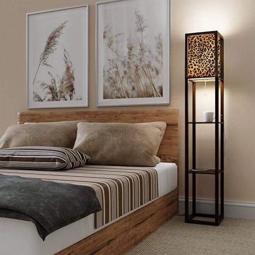 Modern Leopard Animal Print Standing Floor Lamp with Shelves Floor Lamp Tall Lamp Brown Leopard African Textile Flaxen Fabric Shade Corner Lamp for Living Room Bedroom Wildness Aesthetic Decor thumbnail 3
