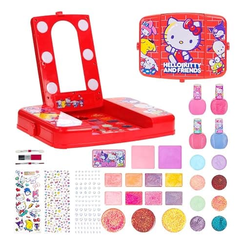 Hello Kitty and Friends Makeup Set for Kids, Beauty Vanity Set with Light-Up Mirror, Includes Lip Gloss, Eye Shadow, Brushes, Nail Polish, Accessories, and More! Gift for Ages 6+ by Townley Girl - Image 1