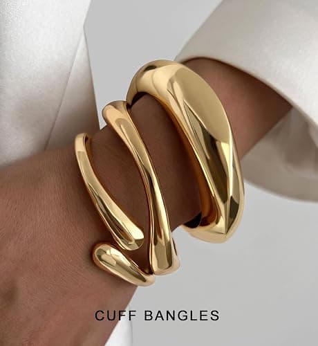 Chunky Gold Bangle Bracelets for Women, Dainty 14k Gold Plated Big Stackable Bangles Set, Trendy Statement Cuff Bracelet Stack Fashion Jewelry Christmas Gifts thumbnail 2