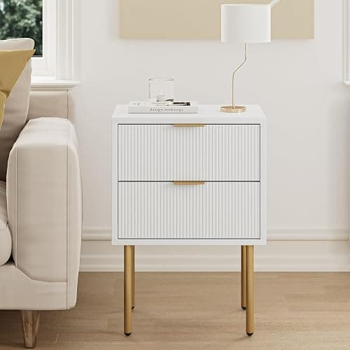 Masupu Nightstand,Mid-Century Modern Bedside Table with 2 Storage Drawer,Small Gold Frame Side End Table for Bedroom,Living Room, White - Image 1