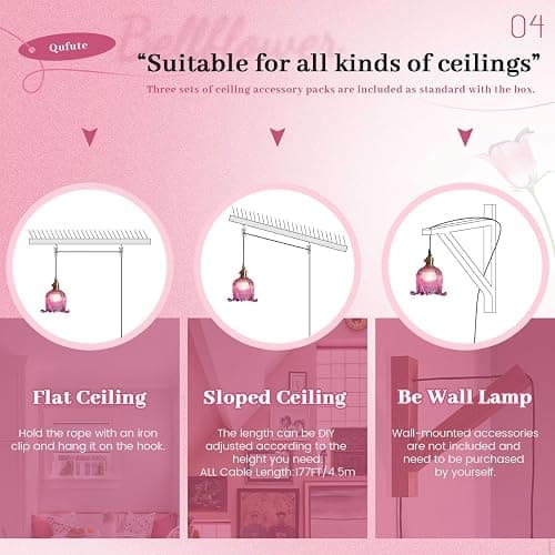 Qufute Hanging Swag Plug in Pendant Light Flower Shaped Purple Glass Plug Pendant Lamp with 15 ft Switch Cord Plug in Vintage Industrial Hanging Light for Kitchen Bedroom Background thumbnail 4