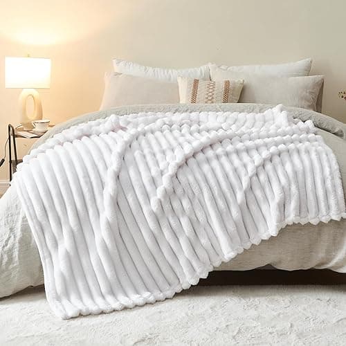 NEWCOSPLAY Super Soft Twin Blanket White Premium Silky Flannel Fleece 3D Ribbed Jacquard Lightweight Bed Blanket All Season Use (White Ribbed, Twin(60"x80")) - White Ribbed - Twin(60"x80") thumbnail 10