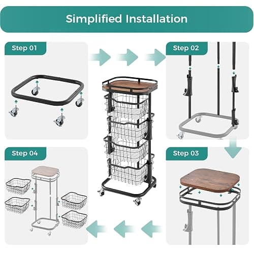 Ocyfym 4 Tier Kitchen Fruit Vegetable Storage Cart with One-Piece Rotating Basket, Pantry Organizer Shelf Rack Floor Stand for Veggie Onion Potato Produce Spice, Rolling Snack Cart on Wheels, Black thumbnail 9