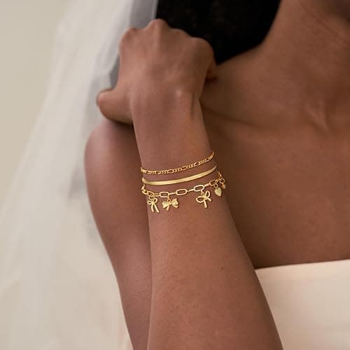 Maxcate 3PCS Charm Gold Bracelets for Women Non Tarnish,14k Plated Gold Bracelet Stack Cute Dainty Stackable Trendy Bow Cross Clover Bracelets Set Tarnish Free Gold Jewelry for Women Gifts thumbnail 3
