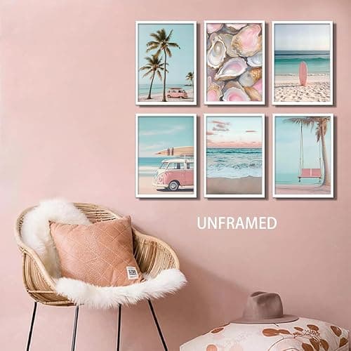 6Pcs Pink Coastal Beachy Wall Art Coastal Granddaughter Ocean Preppy Room Wall Decor Beach Aesthetic Paintings Pictures Posters Prints Artwork for Teen Girls Dorm Home Decoration(8x10 in Poster) thumbnail 4
