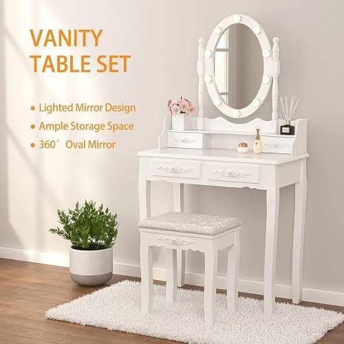 Alohappy Girls Makeup Vanity Set, Dressing Table Desk with Lighted Mirror and Stool, Makeup Table with 4 Drawers for Bedroom, Bathroom (Vanity with Lighted Mirror) thumbnail 4