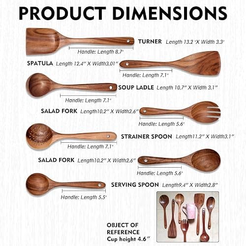 Wooden Non-Stick Kitchen Pan Toolset 7 Pieces Set,100% Natural Teak Kitchen Utensils Spatula, Wooden Cooking Utensils Spoons, Fried Spatula and Salad Fork thumbnail 8