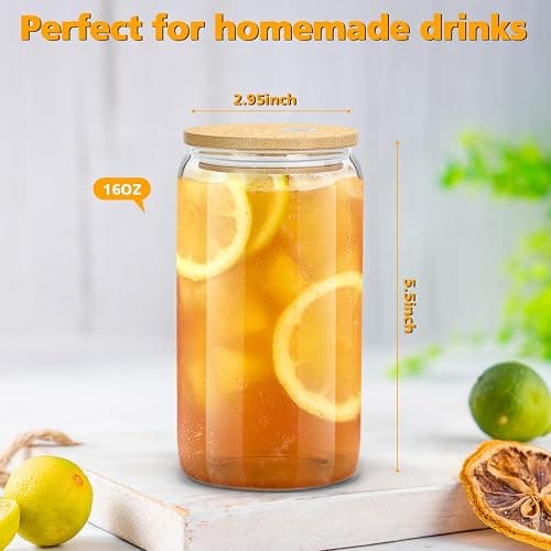 sungwoo Glass Cups with Bamboo Lids and Straws, 16OZ Ice Coffee Cup, Drinking Cup Set with Wooden Lids, Home Essential Glass Tumblers for Beer, Cocktail, Tea and Latte Clear (4) thumbnail 3