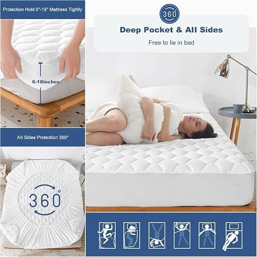 GRT Full Mattress Protector Waterproof, 100% Waterproof Quilted Fitted Mattress Pad, Noiseless Hollow Cotton Mattress Cover, fits up to 18" Deep, Dust Proof White thumbnail 5