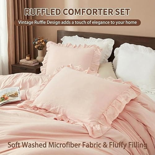 CAROMIO Pink Ruffled Comforter Set Queen Size, 3PCS Soft Washed Microfiber Lightweight & Fluffy All-Season Bedding Comforter with Vintage French Country Style, Pink, 90x90 in thumbnail 5
