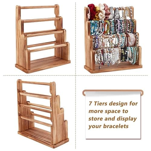 PH PandaHall 7 Tier Wood Bracelet Holder Jewelry Display Stand Bracelet Bangle Scrunchie Organizer Watch Display Stand Accessory Display Storage Organizer for Vendors Selling Craft Show Home, Brown thumbnail 4