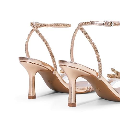DREAM PAIRS Women's Double Bowknots Heels Open Square Toe Ankle Strap Crystal Rhinestone Dress Sandals for Party Wedding thumbnail 5