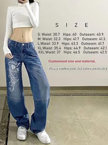 Xineicy Women's Low Rise Heart Pattern Baggy Jeans Washed Wide Leg Denim Cargo Pants thumbnail 4