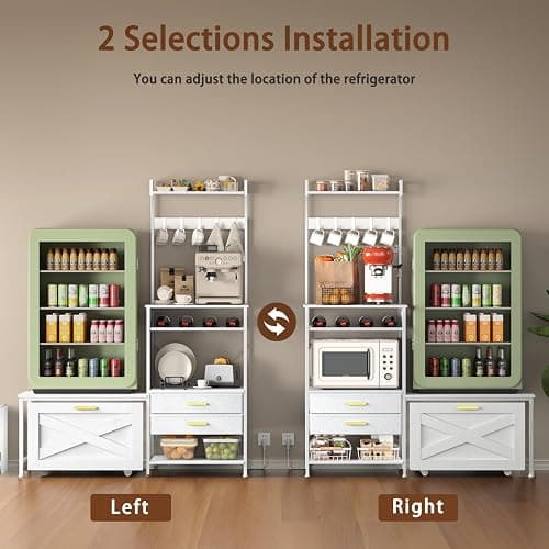 Jartoil Mini Fridge Stand with Microwave Shelf, Farmhouse Mini Fridge Stand with Wine Rack & Power Outlet, Kitchen Bakers Rack with Shelf and Drawers for Home Dorm Office Bar, White Large thumbnail 3