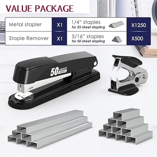 Metal Stapler Heavy Duty 50 Sheet Capacity with 1750 Staples and Staple Remover, Full Strip Staplers for Desk, No Jam, Non-Slip for Office & Classroom, Black - Black thumbnail 2