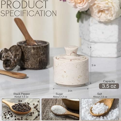 Brown Marble Salt Cellar with Lid (3.5oz) - Scratch-resistant & Easy-to-Clean Salt Containers for Countertop - Elegant & Versatile Marble Jar to Store Salt, Sugar & Dry Spices - Compact Salt Dispenser thumbnail 3