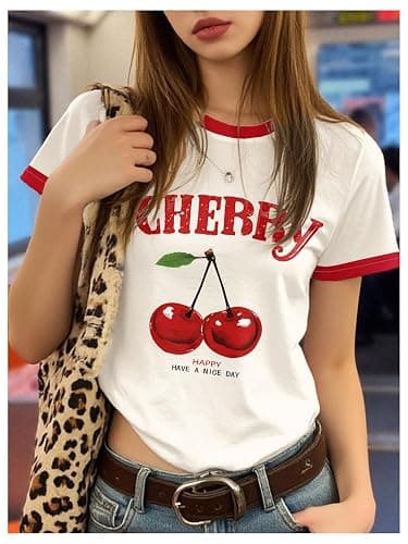 RoseSeek Girls Cherry Shirt Short Sleeve Colorblock Graphic Tees Cute Summer Shirts Y2k Aesthetic Clothes thumbnail 3
