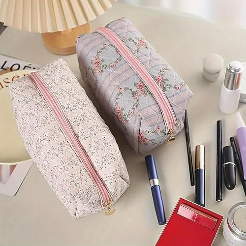 Floral Makeup Bag, Cute Quilted Makeup Toiletry Bag, Zipper Cosmetic Pouch, Daily Travel Use Skincare Bag, Multipurpose Organizer Bag (Blossom Blush Pink) thumbnail 2