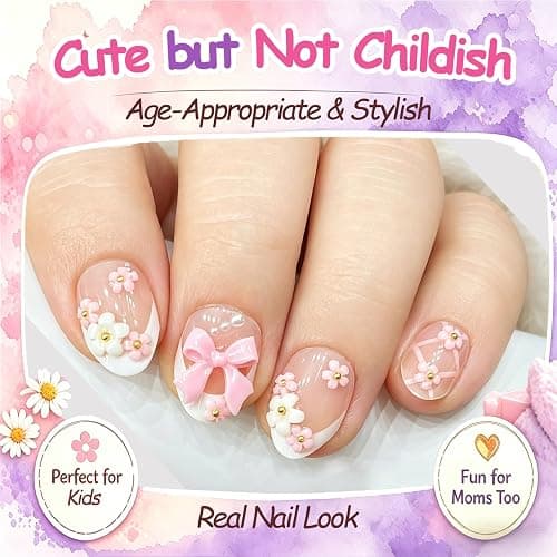 24pcs Press on Nails for Kids, Trendy Ballet Bow & Flower for Girls 8-12 | Almond Short French Tips, 12 Size, Non-Toxic, Fashion Nail Kit with Adhesive Tabs, Nail File, for Christmas, Birthday, Party thumbnail 6
