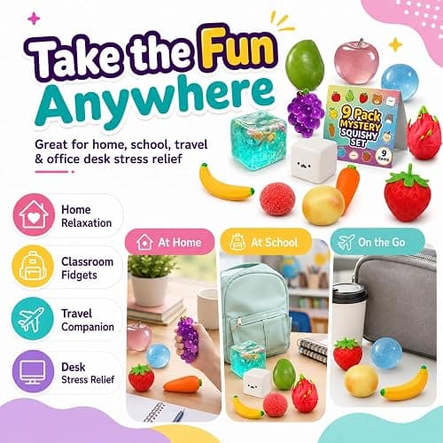 9 Pack Squishy Squeeze Toys Set, Mystery Food & Fruit Squishies (Strawberry, Carrot, Grape & More), Soft Sensory Stress Relief Toys for Kids & Adults, Birthday Party Favors (Color A) thumbnail 7