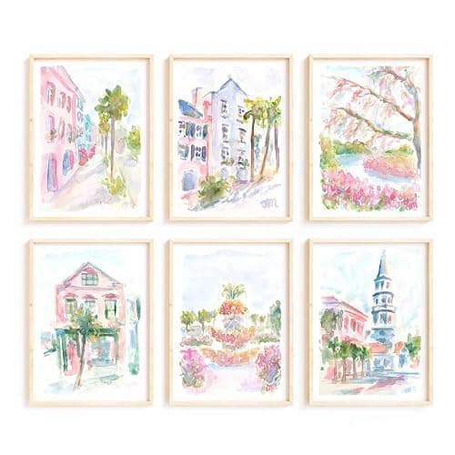 Charleston South Carolina Wall Art Preppy Posters Pictures Pastel Pink Canvas Wall Decor Aesthetic Coquette Posters Wall Art Trendy Watercolor Wall Decor Church Street Pictures 8x10x6 Inch Unframed - Image 1