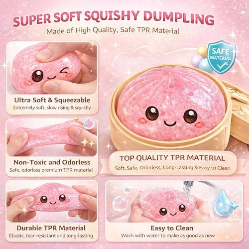 Glitter Dumpling Squishy-Rare Glitter Dumpling Stress Ball, Bun Stress Relief Fidget Low Rising Pink Gold Orange Rainbow Dumplings Toy with Steamer (Glitter White+Rainbow ) thumbnail 2
