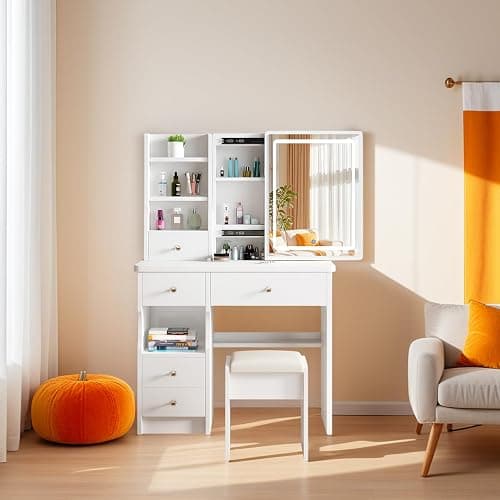 Vanity Desk Makeup Vanity Desk with Sliding Mirror and Lights, Makeup Vanity Set with Drawers, Stool and Open Shelves, 3 Color Lighting Modes Brightness Adjustable Dressing Table for Bedroom (Model 2) thumbnail 6