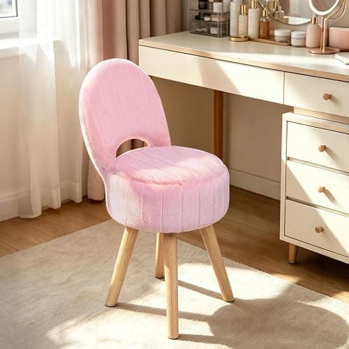KANEODOT Vanity Stool with Storage & Folding Back,11.8“ D x 12.9” W x 27.9" H Round Faux Fur Cute Vanity Chair with 4 Solid Wood Legs,Comfy Small Makeup Ottoman for Living Room,Bedroom,Closet,Pink - Image 1