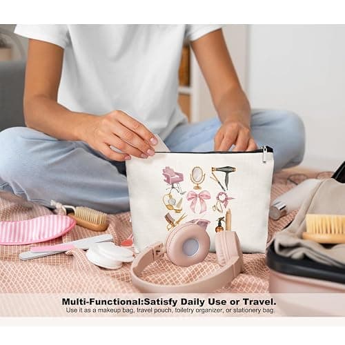 EKGJW Pink Hairstylist Makeup Bag for Women, Cosmetology Student Gifts, Hairdresser Travel Cosmetic Organizer Pouch, Cute Salon Accessories for Teen Girls, Aesthetic Beauty Bag 7.5 x 10 in thumbnail 6