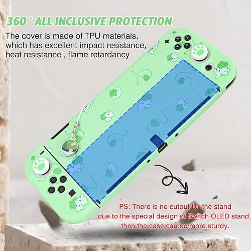 DLseego Funda Protectora Compatible con Switch OLED,Carcasa Delgada Suave al Tacto con 2 Tapas de Agarre para el Pulgar y Abalorio de Bolas de Elfo,Absorción de Golpes Antiarañazos,Rana Verde thumbnail 2