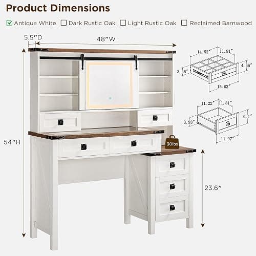 T4TREAM 48'' Farmhouse Makeup Vanity Desk with Sliding HD Mirror and Lights, Big Modern Lighted Vanity Table with 7 Drawers & Shelves, Rustic Large Dressing Table, Antique White thumbnail 2