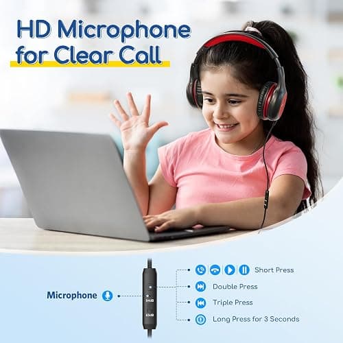 EarFun Kids Headphones Wired with Microphone, 85/94dB Volume Limit Headphones for Kids, Portable Wired Headphone with Shareport, Stereo Sound Foldable Headset for School/Tablet/iPad/Kindle, Black Red thumbnail 2