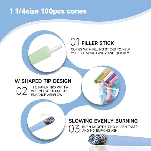 100 PACK Colorful Pre Rolled Cones| King Size Rolling Paper Cone with Loader and Packing Sticks thumbnail 6
