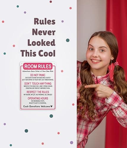 Funny Room Rules Sign - Cute Room Rules Sign for Teen Girls, Pink Preppy Room Decorations, Cute Teenage Door Sign & Fun Gifts for Birthday, Holidays (Room Rules) thumbnail 4