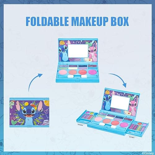 Stitch All-in-One Kids Cosmetic Compact Set Includes Washable Lip Gloss, Eye Shimmer, Cheek Shimmer, Brushes Colorful Portable Beauty Set for Girls, Tweens, by Townley Girl thumbnail 6