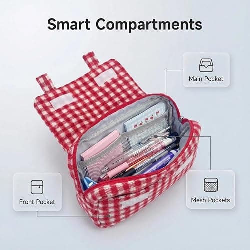 Haumei Cute Checkered Pencil Case, Red White Plaid, Large Capacity Gingham Pattern Pen Bag with Handle, Big Stationery Organizer, Multi-Use Storage Pouch, 8.7x1.6x4.7 Inches, Red thumbnail 4