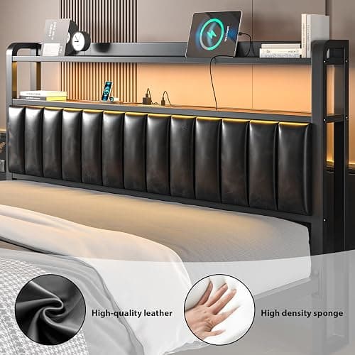 Full Size Bed Frame and Upholstered Storage Headboard, LED Light, Black | Built-in Charging Station, Wheeled Under-bed Drawers, Heavy-Duty Metal Slats, Noise-Free, Easy Assembly, No Box Spring Needed thumbnail 9