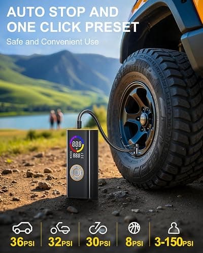 Tire Inflator Portable Air Compressor, 150 PSI Cordless Air Pump for Car Tires with Auto Shut-Off, LED Light and Digital Pressure Gauge, Electric Bike Tire Pump for Cars, Bike, Motorcycle, Ball thumbnail 6