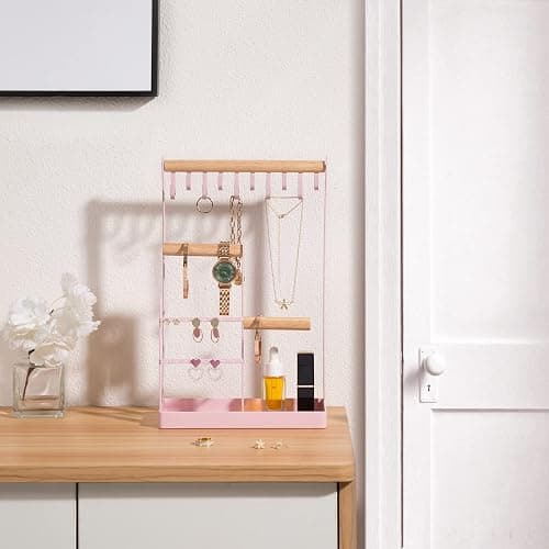ProCase Jewelry Stand Holder Organizer, 4-Tier Necklace Holder with Ring Tray, 10 Hooks Necklaces Hanging Small Jewelry Display Storage Tower Tree for Bracelets Earrings Watches -Medium, Pink thumbnail 5