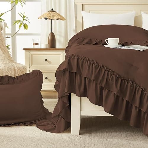 Andency Brown Ruffle Full Size Comforter Set, 3 Pieces | Vintage Farmhouse Shabby Chic, Soft Lightweight Fluffy Bed Comforter Sets, All Season Bedding Set thumbnail 4