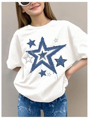 WDIRARA Girl's 2 Piece Outfits Star Denim Print Short Sleeve T Shirt and Bell Bottom Flare Pants Sets thumbnail 3