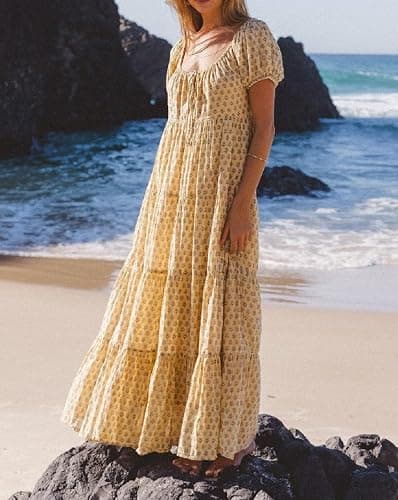 Woman Floral Puff Sleeve Maxi Dress Square Neck Ruffle Flowy Long Dresses Bohemian Tiered Summer Sundress thumbnail 3