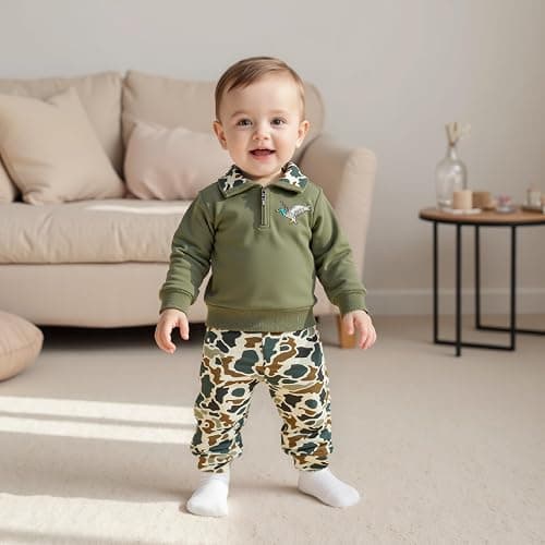 VISGOGO Toddler Baby Boy Hunting Outfit Duck Half Zip Long Sleeve Sweatshirt Pants Set 2 Fall Camouflage Clothes thumbnail 2