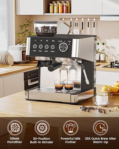 (2025 Upgrade)20 Bar Espresso Machine with Built-in Anti-Clog Coffee Grinder, Expresso Coffee Machines with Milk Steam Wand/Frother/Tamping Tools,Espresso Maker with Grinder for Lattes-Deep Black thumbnail 4