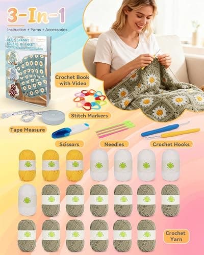 Coopay Crochet Blanket Kit for Beginners, All-in-One Granny Square Blanket Kit with Step-by-Step Video & Enough Yarns - Master Granny Square Crocheting Easily, Ideal Gift for Craft Lovers (Camel) thumbnail 7